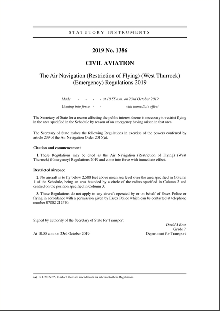 The Air Navigation (Restriction of Flying) (West Thurrock) (Emergency) Regulations 2019