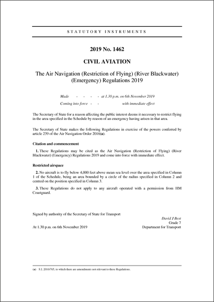 The Air Navigation (Restriction of Flying) (River Blackwater) (Emergency) Regulations 2019