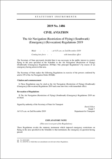 The Air Navigation (Restriction of Flying) (Southwark) (Emergency) (Revocation) Regulations 2019