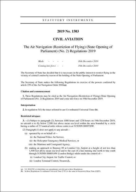 The Air Navigation (Restriction of Flying) (State Opening of Parliament) (No. 2) Regulations 2019