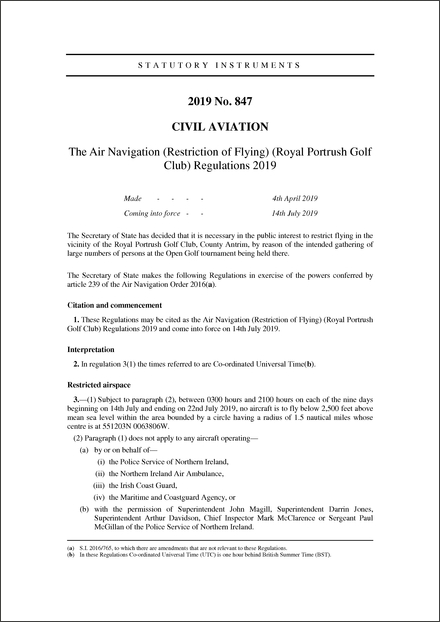 The Air Navigation (Restriction of Flying) (Royal Portrush Golf Club) Regulations 2019