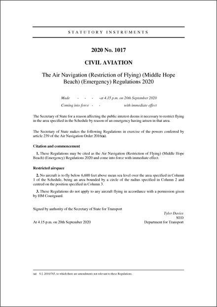 The Air Navigation (Restriction of Flying) (Middle Hope Beach) (Emergency) Regulations 2020