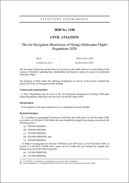 The Air Navigation (Restriction of Flying) (Helicopter Flight) Regulations 2020
