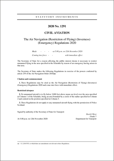 The Air Navigation (Restriction of Flying) (Inverness) (Emergency) Regulations 2020