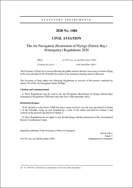 The Air Navigation (Restriction of Flying) (Ettrick Bay) (Emergency) Regulations 2020