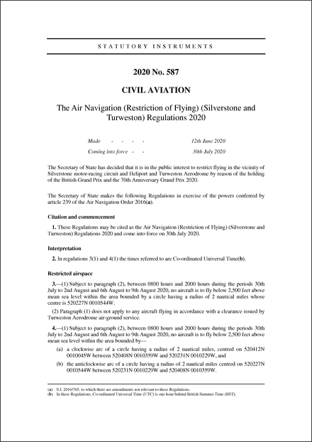The Air Navigation (Restriction of Flying) (Silverstone and Turweston) Regulations 2020