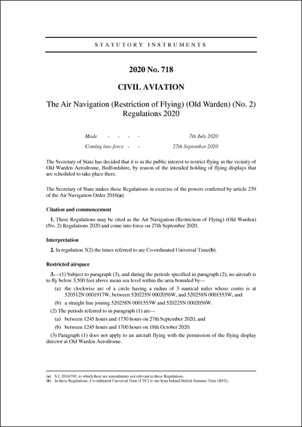 The Air Navigation (Restriction of Flying) (Old Warden) (No. 2) Regulations 2020