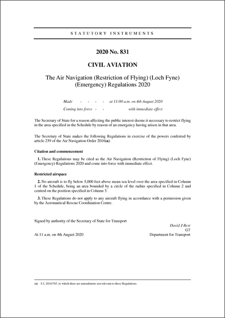 The Air Navigation (Restriction of Flying) (Loch Fyne) (Emergency) Regulations 2020