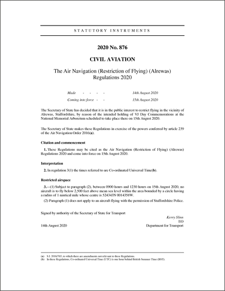The Air Navigation (Restriction of Flying) (Alrewas) Regulations 2020