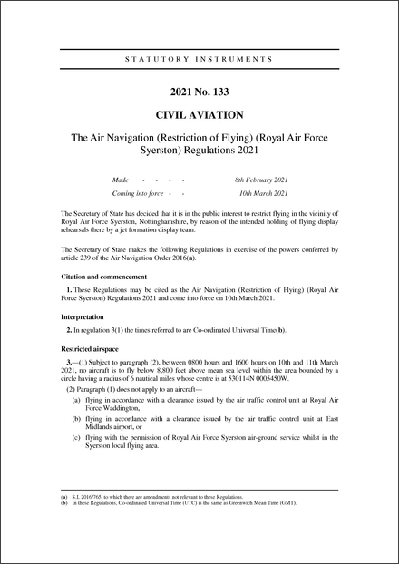 The Air Navigation (Restriction of Flying) (Royal Air Force Syerston) Regulations 2021