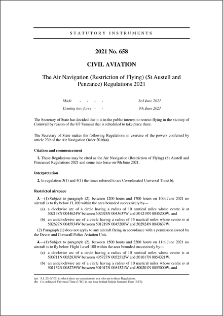 The Air Navigation (Restriction of Flying) (St Austell and Penzance) Regulations 2021