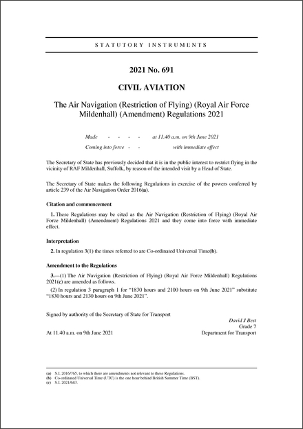 The Air Navigation (Restriction of Flying) (Royal Air Force Mildenhall) (Amendment) Regulations 2021