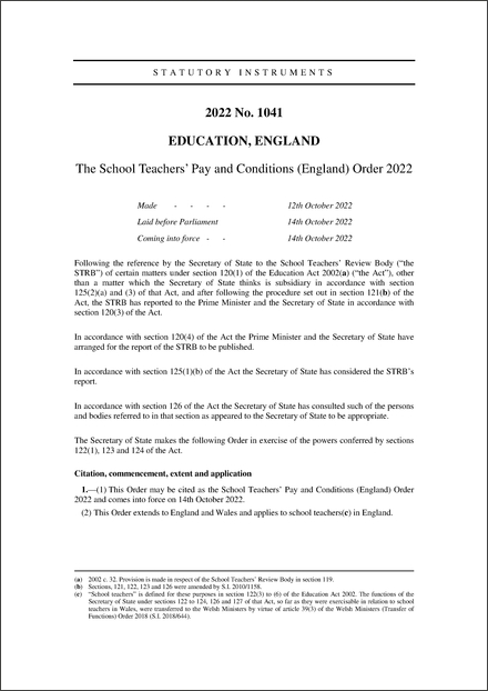 The School Teachers’ Pay and Conditions (England) Order 2022