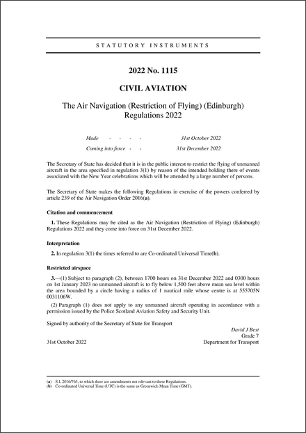The Air Navigation (Restriction of Flying) (Edinburgh) Regulations 2022