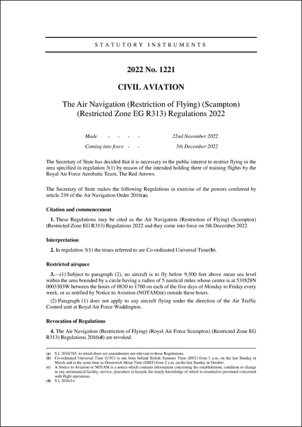 The Air Navigation (Restriction of Flying) (Scampton) (Restricted Zone EG R313) Regulations 2022