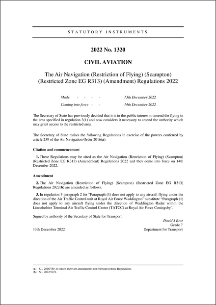 The Air Navigation (Restriction of Flying) (Scampton) (Restricted Zone EG R313) (Amendment) Regulations 2022