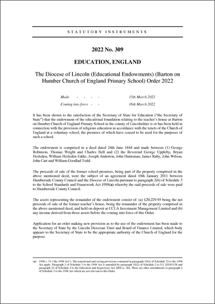 The Diocese of Lincoln (Educational Endowments) (Barton on Humber Church of England Primary School) Order 2022