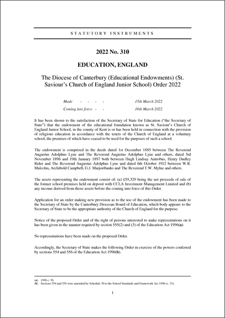 The Diocese of Canterbury (Educational Endowments) (St. Saviour’s Church of England Junior School) Order 2022