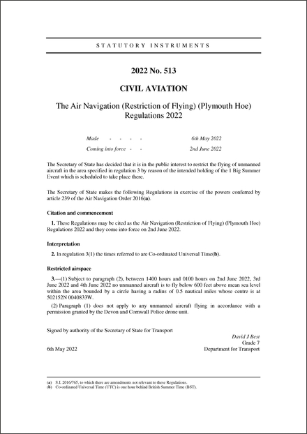 The Air Navigation (Restriction of Flying) (Plymouth Hoe) Regulations 2022