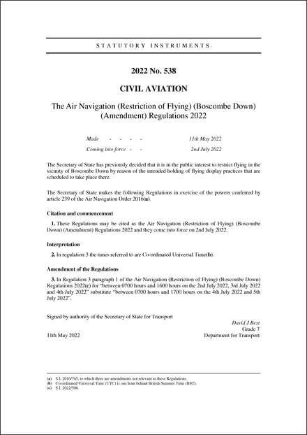 The Air Navigation (Restriction of Flying) (Boscombe Down) (Amendment) Regulations 2022