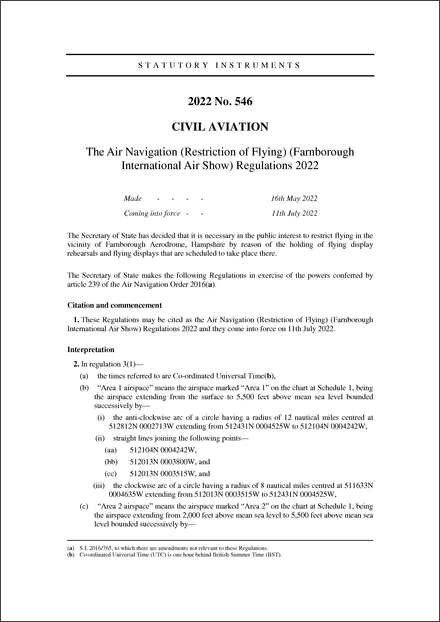 The Air Navigation (Restriction of Flying) (Farnborough International Air Show) Regulations 2022