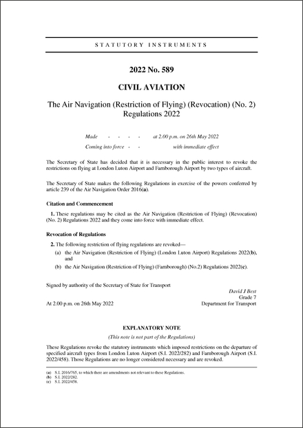 The Air Navigation (Restriction of Flying) (Revocation) (No. 2) Regulations 2022