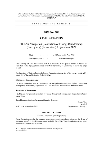 The Air Navigation (Restriction of Flying) (Sunderland) (Emergency) (Revocation) Regulations 2022