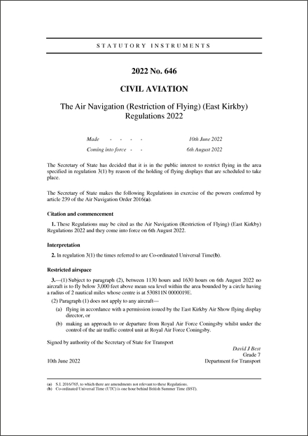 The Air Navigation (Restriction of Flying) (East Kirkby) Regulations 2022