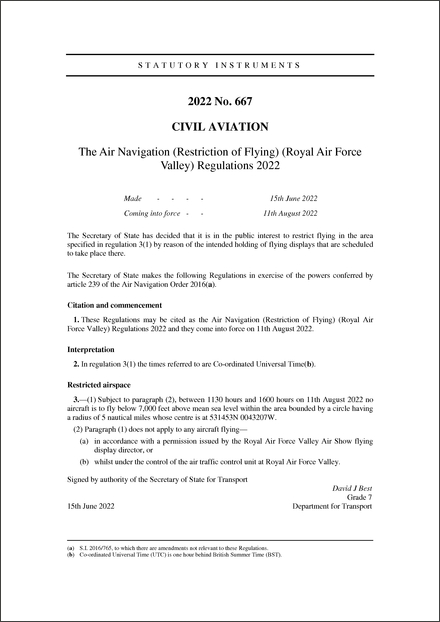 The Air Navigation (Restriction of Flying) (Royal Air Force Valley) Regulations 2022