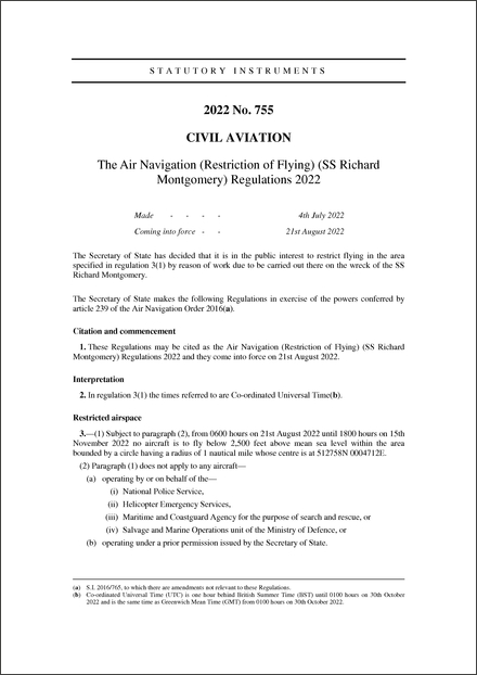 The Air Navigation (Restriction of Flying) (SS Richard Montgomery) Regulations 2022