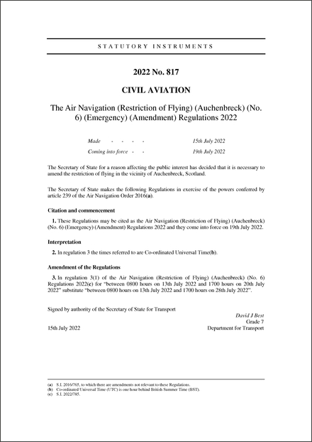The Air Navigation (Restriction of Flying) (Auchenbreck) (No. 6) (Emergency) (Amendment) Regulations 2022