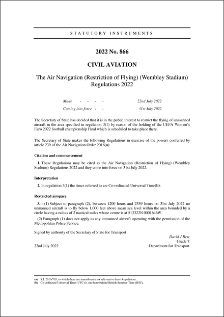 The Air Navigation (Restriction of Flying) (Wembley Stadium) Regulations 2022