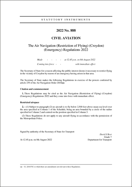 The Air Navigation (Restriction of Flying) (Croydon) (Emergency) Regulations 2022