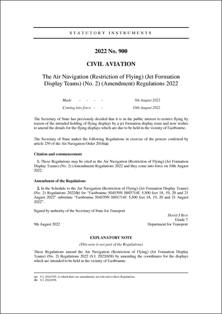 The Air Navigation (Restriction of Flying) (Jet Formation Display Teams) (No. 2) (Amendment) Regulations 2022
