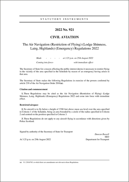 The Air Navigation (Restriction of Flying) (Lodge Shinness, Lairg, Highlands) (Emergency) Regulations 2022