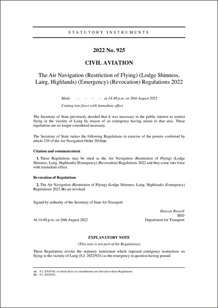 The Air Navigation (Restriction of Flying) (Lodge Shinness, Lairg, Highlands) (Emergency) (Revocation) Regulations 2022