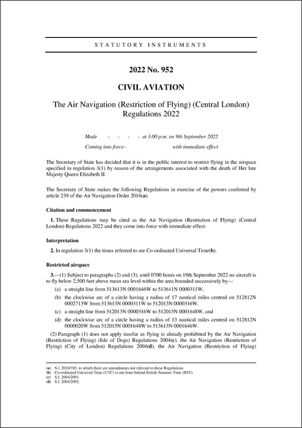 The Air Navigation (Restriction of Flying) (Central London) Regulations 2022