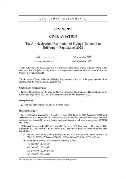 The Air Navigation (Restriction of Flying) (Balmoral to Edinburgh) Regulations 2022