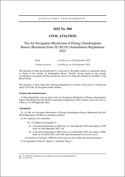 The Air Navigation (Restriction of Flying) (Sandringham House) (Restricted Zone EG R219) (Amendment) Regulations 2022