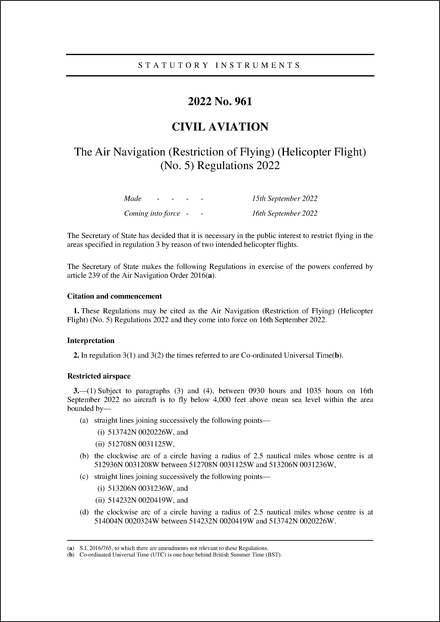 The Air Navigation (Restriction of Flying) (Helicopter Flight) (No. 5) Regulations 2022