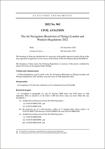 The Air Navigation (Restriction of Flying) (London and Windsor) Regulations 2022