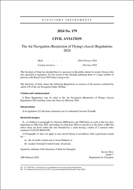 The Air Navigation (Restriction of Flying) (Ascot) Regulations 2024