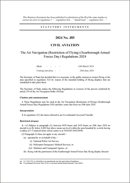 The Air Navigation (Restriction of Flying) (Scarborough Armed Forces Day) Regulations 2024