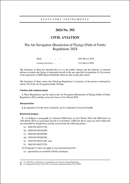 The Air Navigation (Restriction of Flying) (Firth of Forth) Regulations 2024