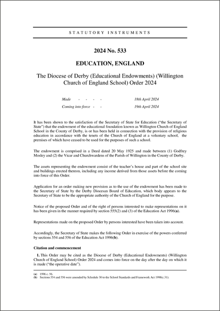 The Diocese of Derby (Educational Endowments) (Willington Church of England School) Order 2024