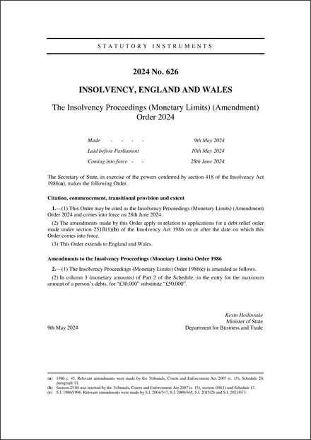 The Insolvency Proceedings (Monetary Limits) (Amendment) Order 2024
