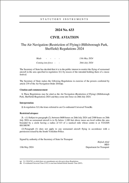 The Air Navigation (Restriction of Flying) (Hillsborough Park, Sheffield) Regulations 2024