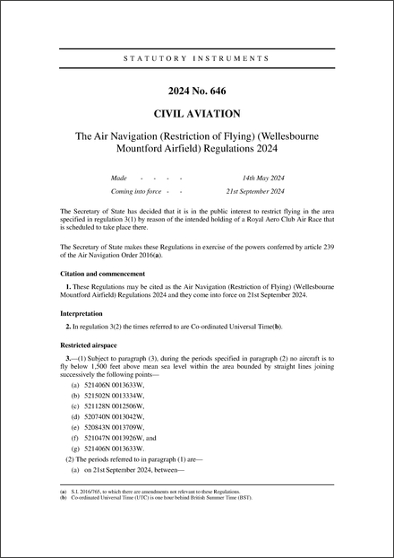 The Air Navigation (Restriction of Flying) (Wellesbourne Mountford Airfield) Regulations 2024