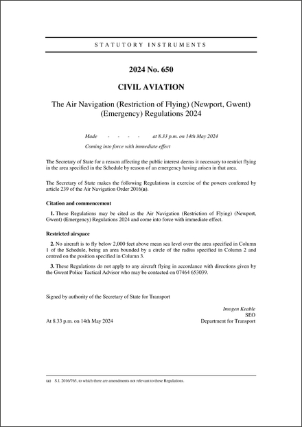 The Air Navigation (Restriction of Flying) (Newport, Gwent) (Emergency) Regulations 2024