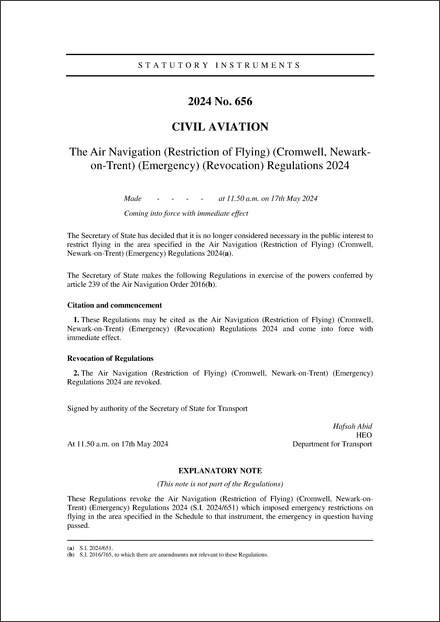 The Air Navigation (Restriction of Flying) (Cromwell, Newark-on-Trent) (Emergency) (Revocation) Regulations 2024